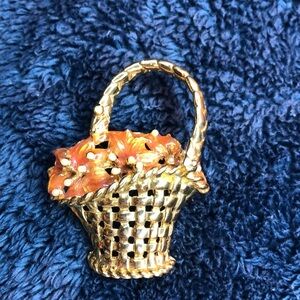 Flower Basket Brooch Signed M Jent Pin Floral Gold Tone Metal Designer Vintage